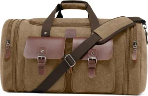 Canvas Duffle Bag for Men 60L Travel Duffel Bags Expandable Genuine Leather Duffel Overnight Weekender Carry On Bag Two Zipper Pockets Travel Bag (Coffee, X Large-60L)