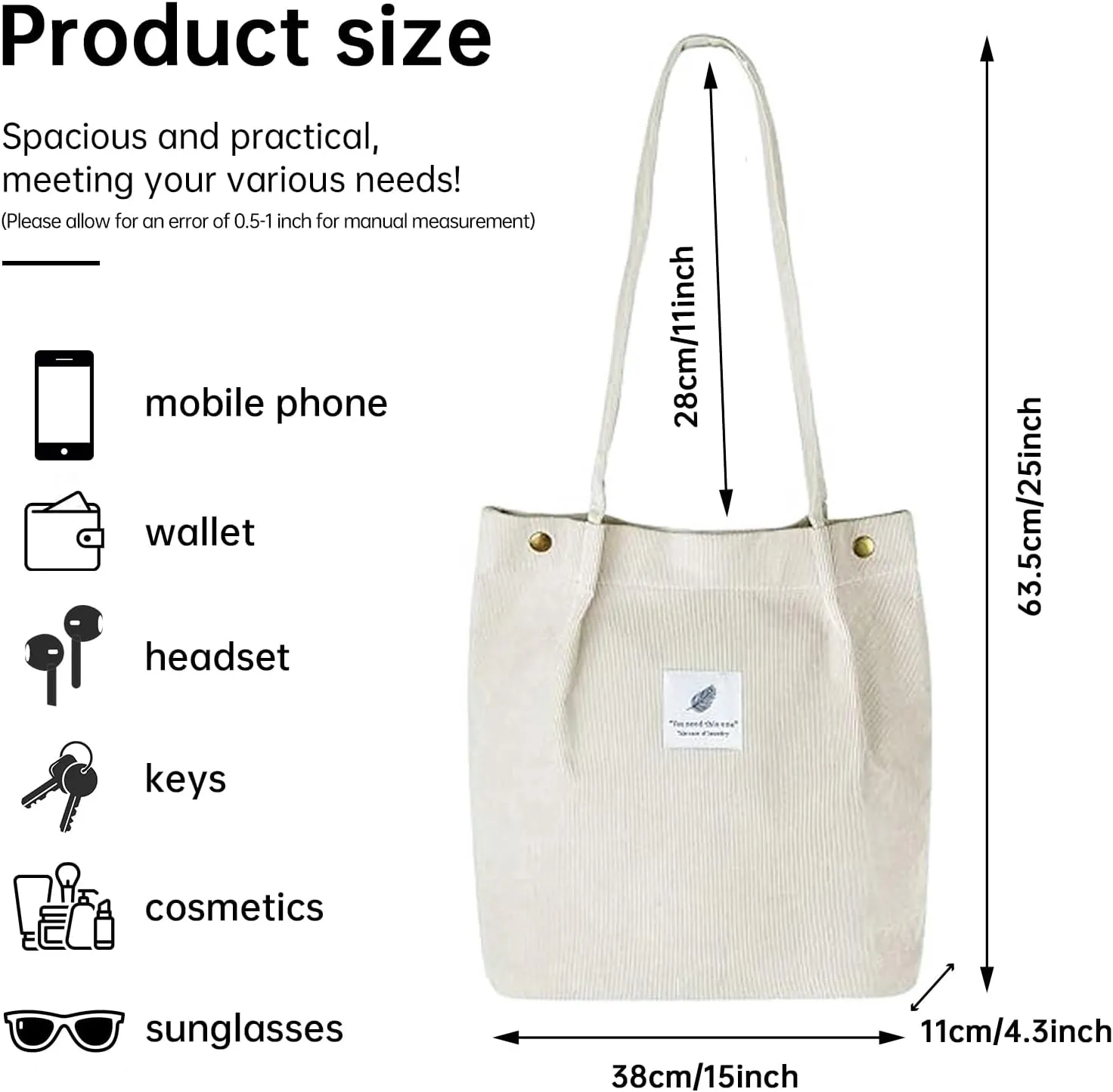 Canvas Tote Bag for Women, Large Capacity Corduroy Quilted Tote Bag with Inner Pockets, Durable Stylish ，Reusablee