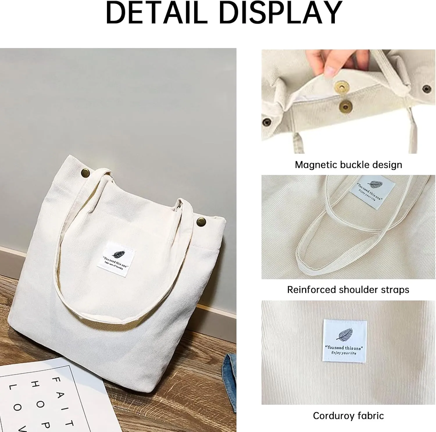 Canvas Tote Bag for Women, Large Capacity Corduroy Quilted Tote Bag with Inner Pockets, Durable Stylish ，Reusablee