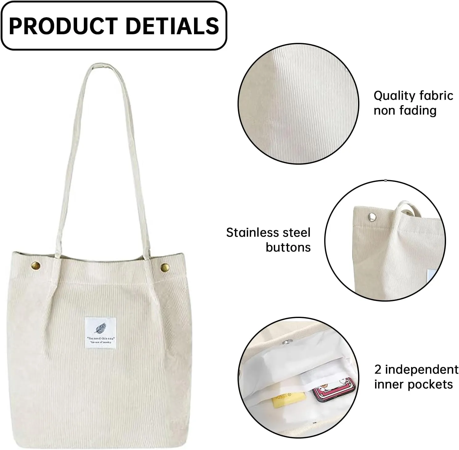 Canvas Tote Bag for Women, Large Capacity Corduroy Quilted Tote Bag with Inner Pockets, Durable Stylish ，Reusablee