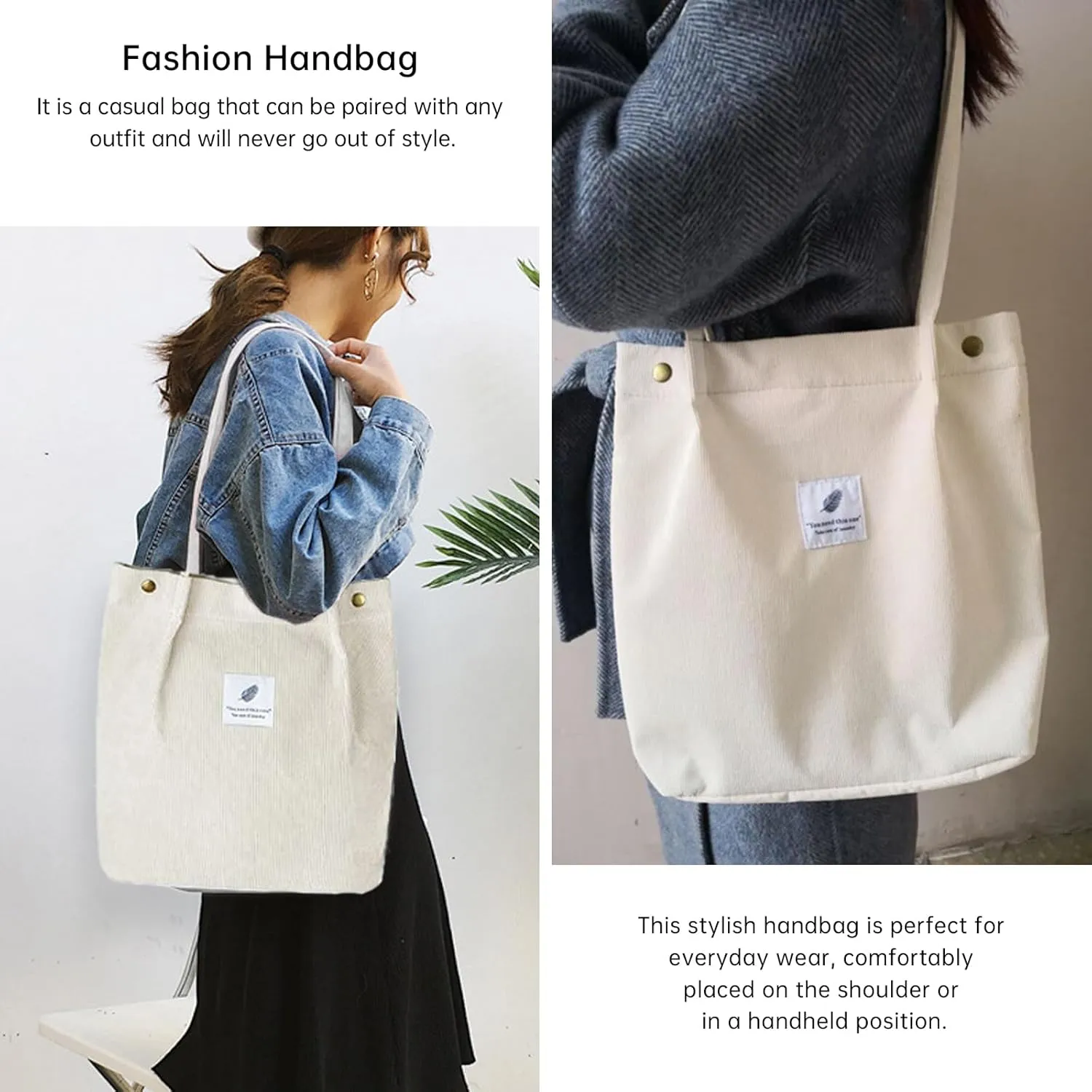 Canvas Tote Bag for Women, Large Capacity Corduroy Quilted Tote Bag with Inner Pockets, Durable Stylish ，Reusablee