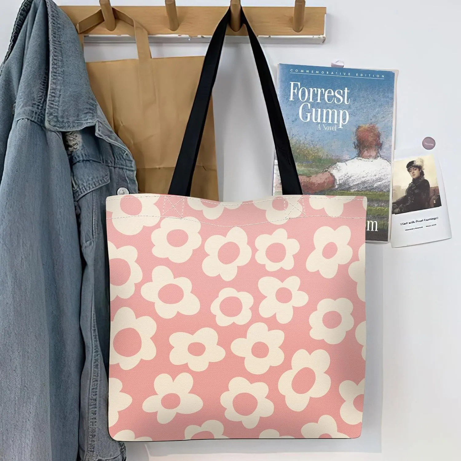 Canvas Tote Bag for Women，Cute Heavy-Duty Shoulder Bag with Zipper Pocket -Travel Tote for Grocery, Gym,Shopping