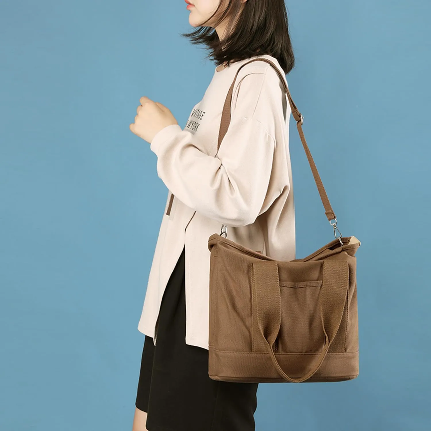 Canvas Tote Bag for Women,Small Totes Bags with Zipper Cute Crossbody Purse with Pockets Large Shoulder Handbag,2 Sizes