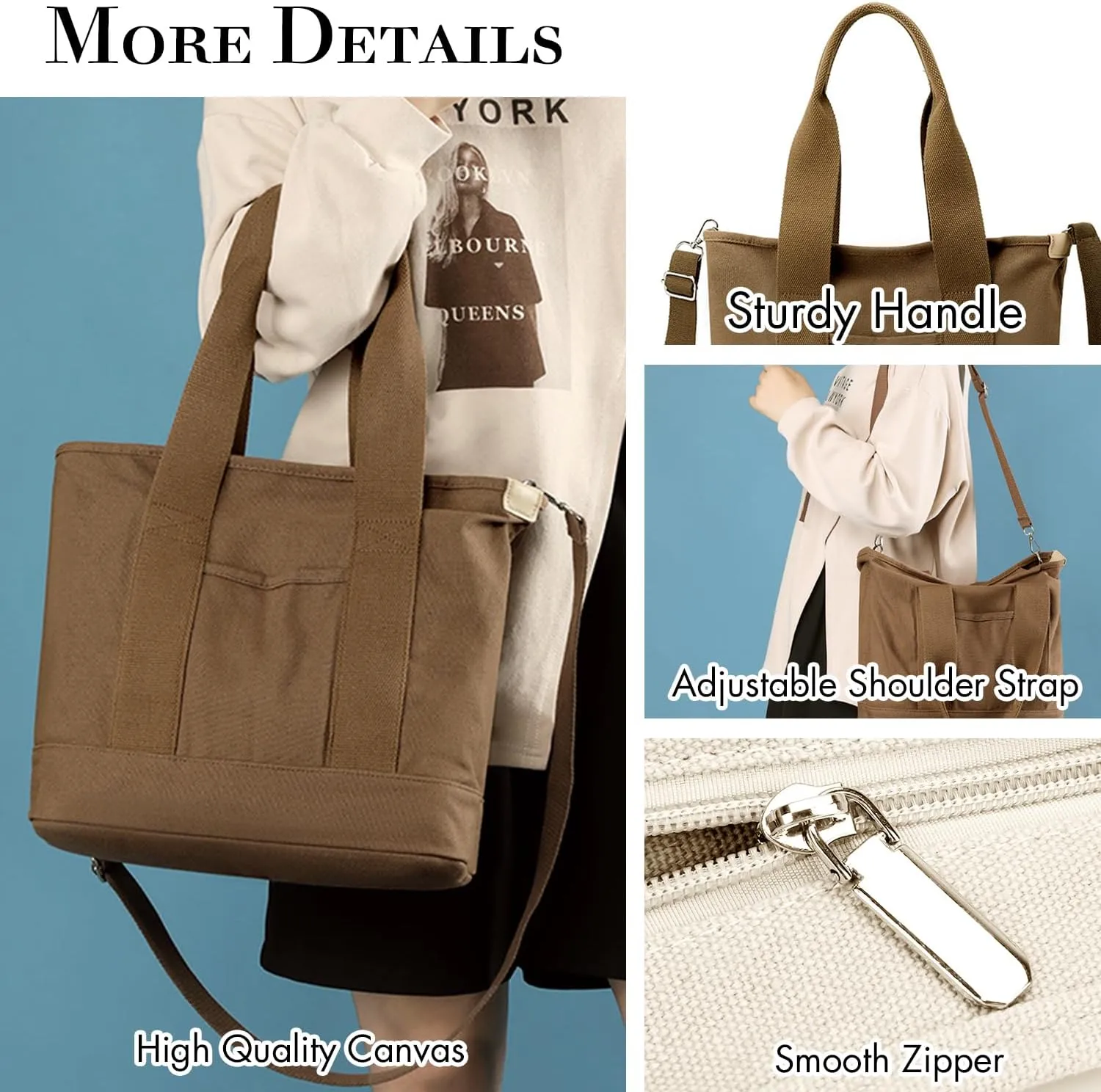 Canvas Tote Bag for Women,Small Totes Bags with Zipper Cute Crossbody Purse with Pockets Large Shoulder Handbag,2 Sizes