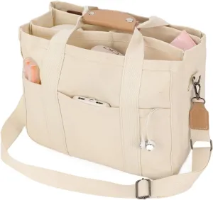 Canvas Tote Bag with Compartments Lightweight Crossbody Handbag Everything Multi Pockets Totes for Church Bible College