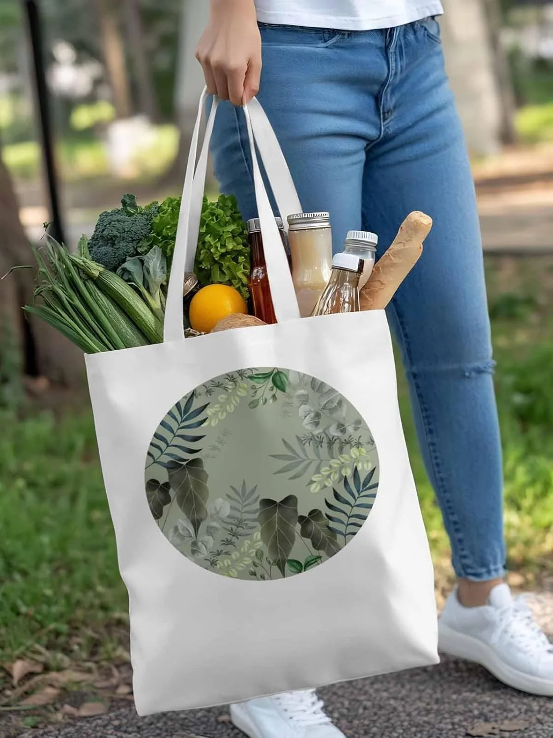 Canvas Tote Bags for Women,Paastoral Plant Leaf Reusable Grocery Bags Shopping Bag Green Botanical Shoulder Bag Totes