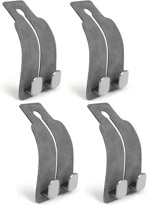 Car Hooks for Headrest, Universal Fit Car Seat Hooks for Headrest, Soft Leather & Built in Stainless Steel Car Purse Hook, Car Bag Hooks for Handbag Purse Coat Grocery (Gray-4 Pack)