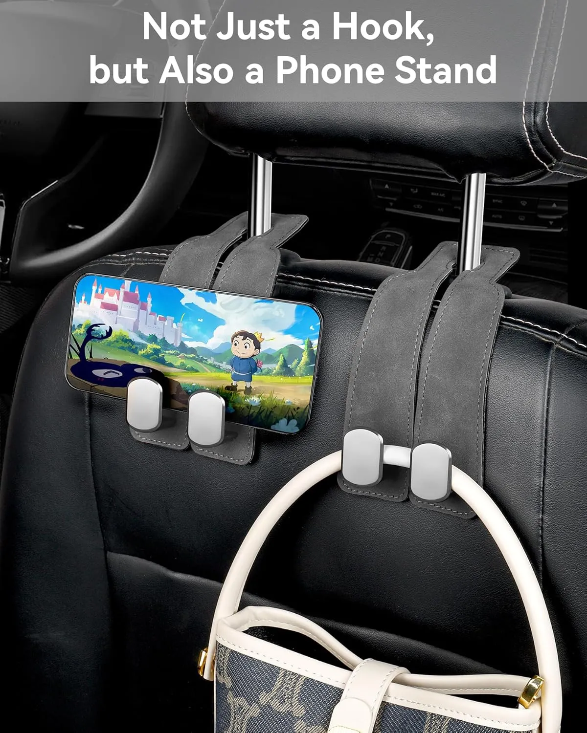 Car Hooks for Headrest, Universal Fit Car Seat Hooks for Headrest, Soft Leather & Built in Stainless Steel Car Purse Hook, Car Bag Hooks for Handbag Purse Coat Grocery (Gray-4 Pack)