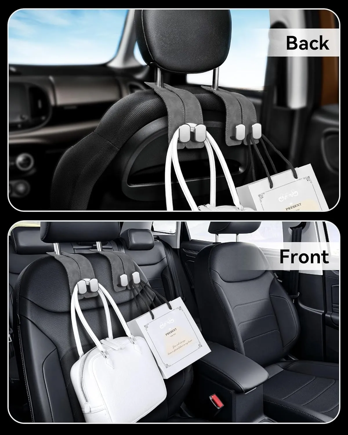Car Hooks for Headrest, Universal Fit Car Seat Hooks for Headrest, Soft Leather & Built in Stainless Steel Car Purse Hook, Car Bag Hooks for Handbag Purse Coat Grocery (Gray-4 Pack)