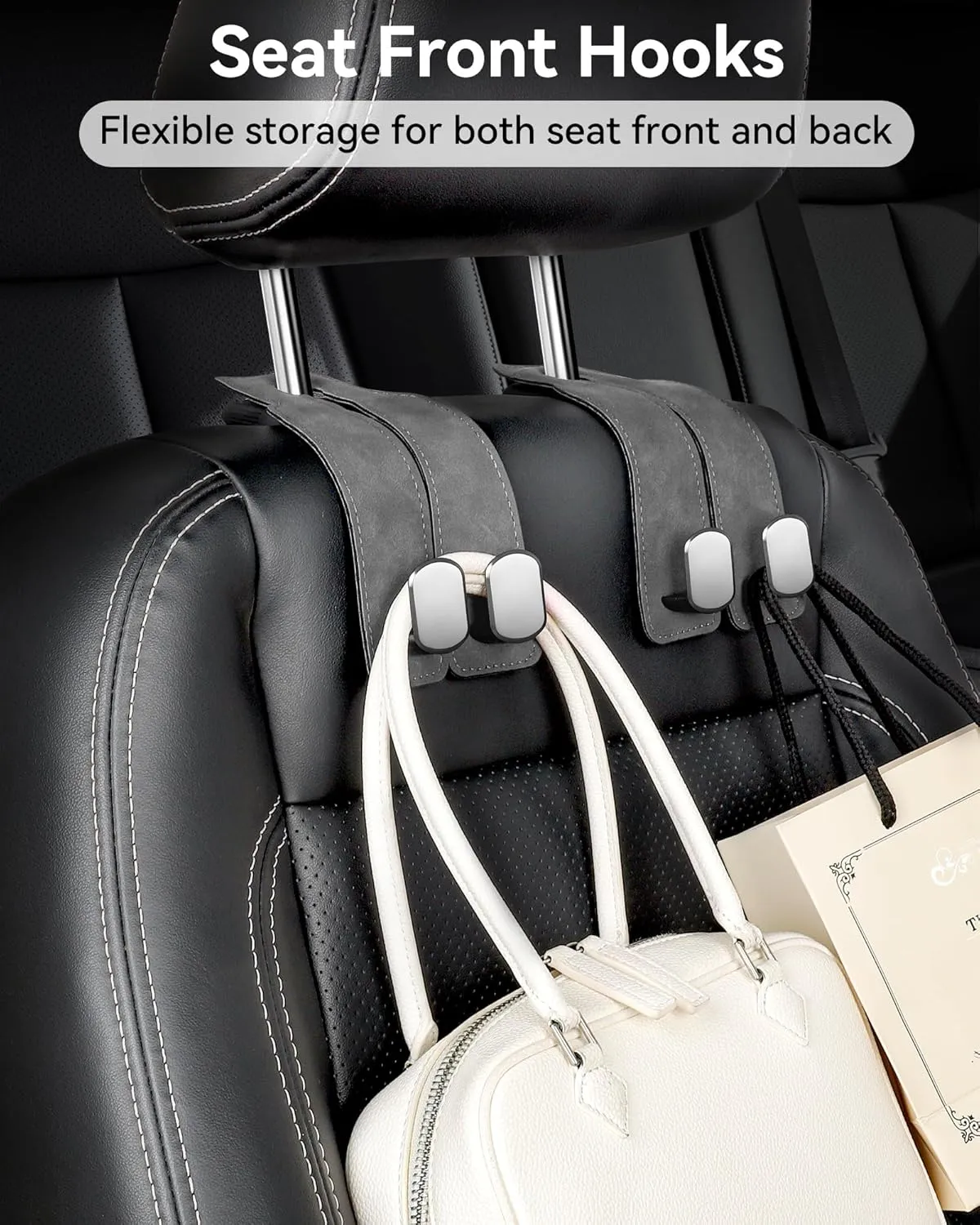Car Hooks for Headrest, Universal Fit Car Seat Hooks for Headrest, Soft Leather & Built in Stainless Steel Car Purse Hook, Car Bag Hooks for Handbag Purse Coat Grocery (Gray-4 Pack)