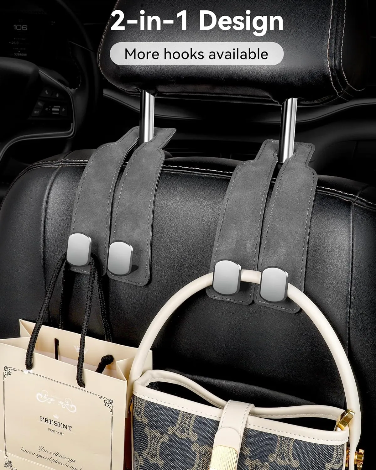 Car Hooks for Headrest, Universal Fit Car Seat Hooks for Headrest, Soft Leather & Built in Stainless Steel Car Purse Hook, Car Bag Hooks for Handbag Purse Coat Grocery (Gray-4 Pack)