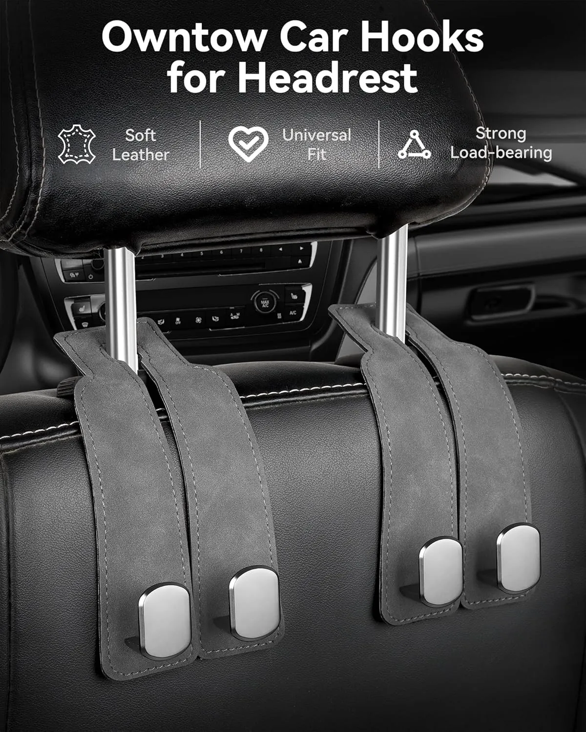 Car Hooks for Headrest, Universal Fit Car Seat Hooks for Headrest, Soft Leather & Built in Stainless Steel Car Purse Hook, Car Bag Hooks for Handbag Purse Coat Grocery (Gray-4 Pack)