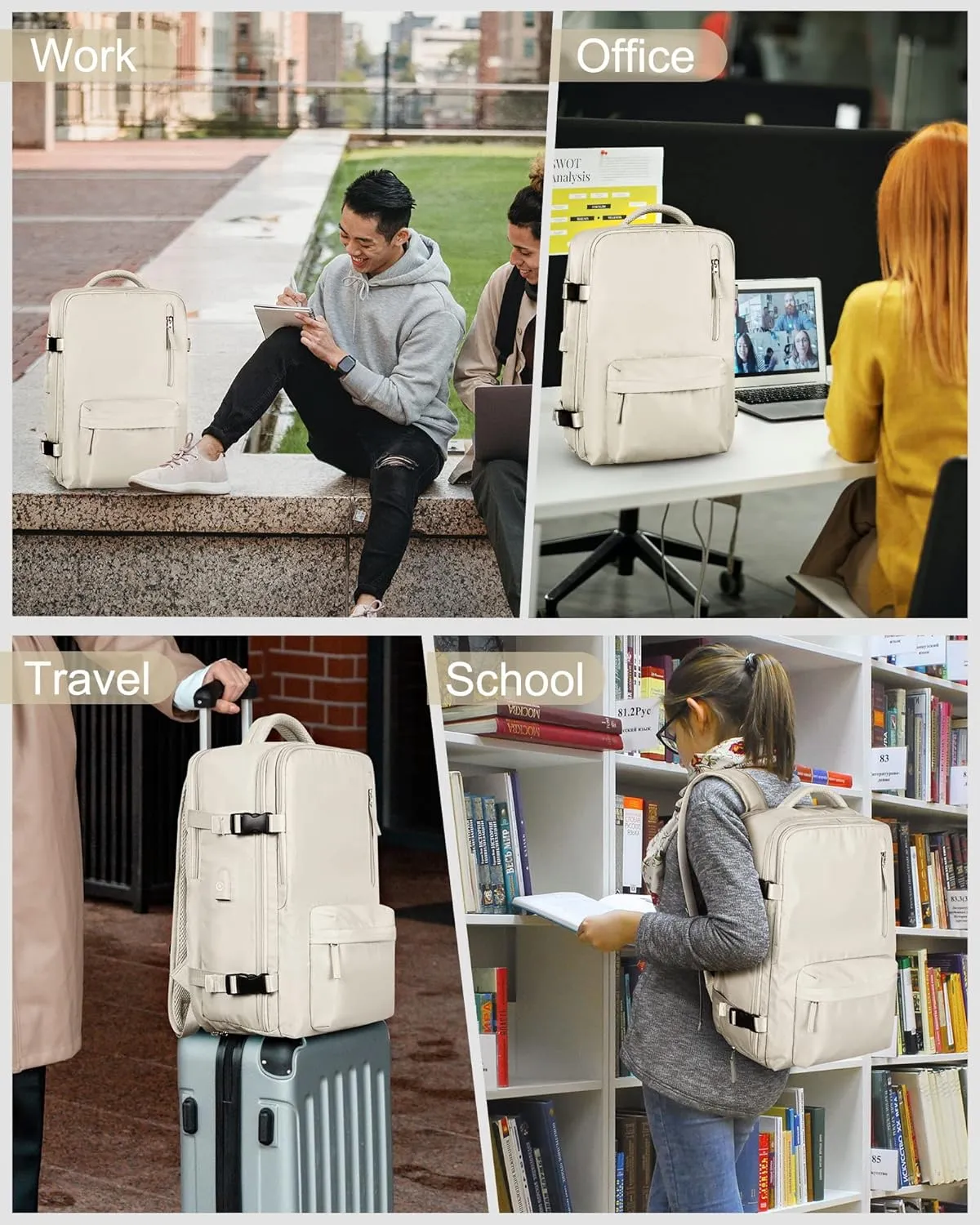 Carry On Backpack for Women, Airline Approved Large Travel Backpack Flight Approved, Waterproof 17 Inch Laptop Backpack Business Work Backpacks Bag Men Beige Mochila De Viaje