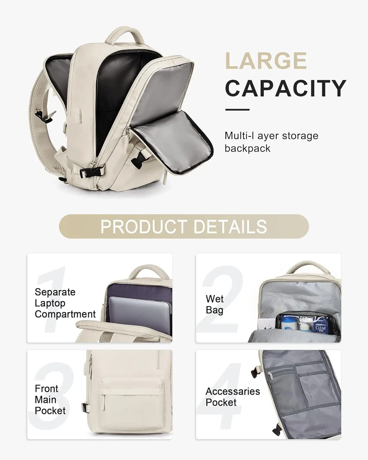 Carry On Backpack for Women, Airline Approved Large Travel Backpack Flight Approved, Waterproof 17 Inch Laptop Backpack Business Work Backpacks Bag Men Beige Mochila De Viaje