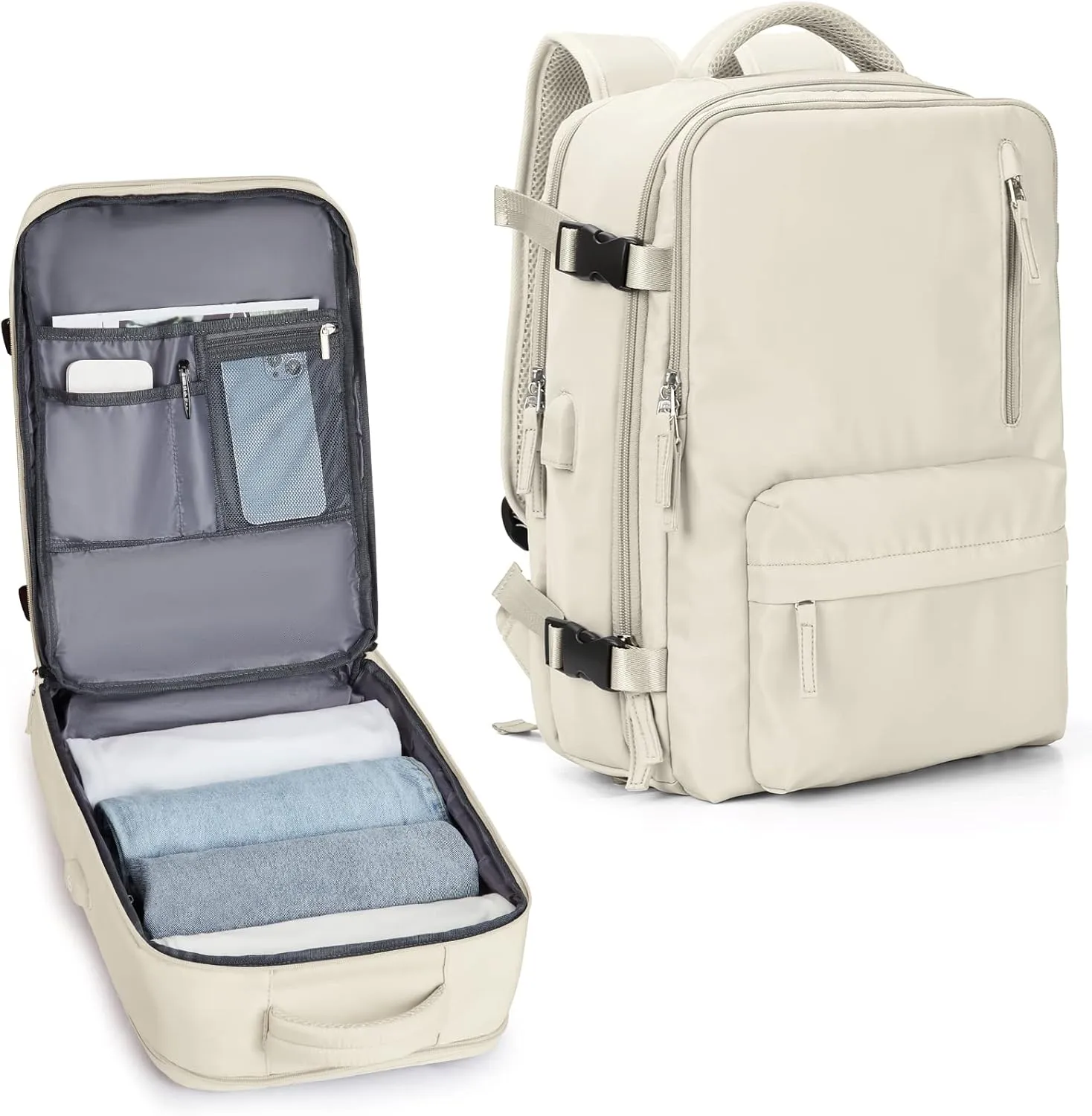 Carry On Backpack for Women, Airline Approved Large Travel Backpack Flight Approved, Waterproof 17 Inch Laptop Backpack Business Work Backpacks Bag Men Beige Mochila De Viaje
