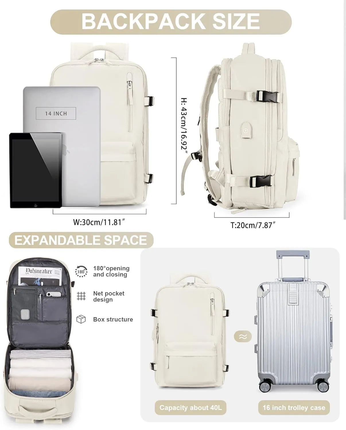 Carry On Backpack for Women, Airline Approved Large Travel Backpack Flight Approved, Waterproof 17 Inch Laptop Backpack Business Work Backpacks Bag Men Beige Mochila De Viaje