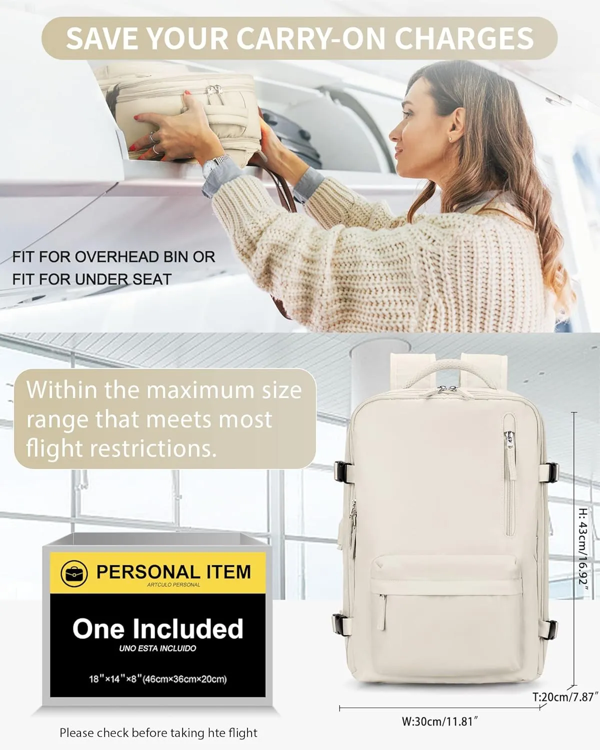 Carry On Backpack for Women, Airline Approved Large Travel Backpack Flight Approved, Waterproof 17 Inch Laptop Backpack Business Work Backpacks Bag Men Beige Mochila De Viaje