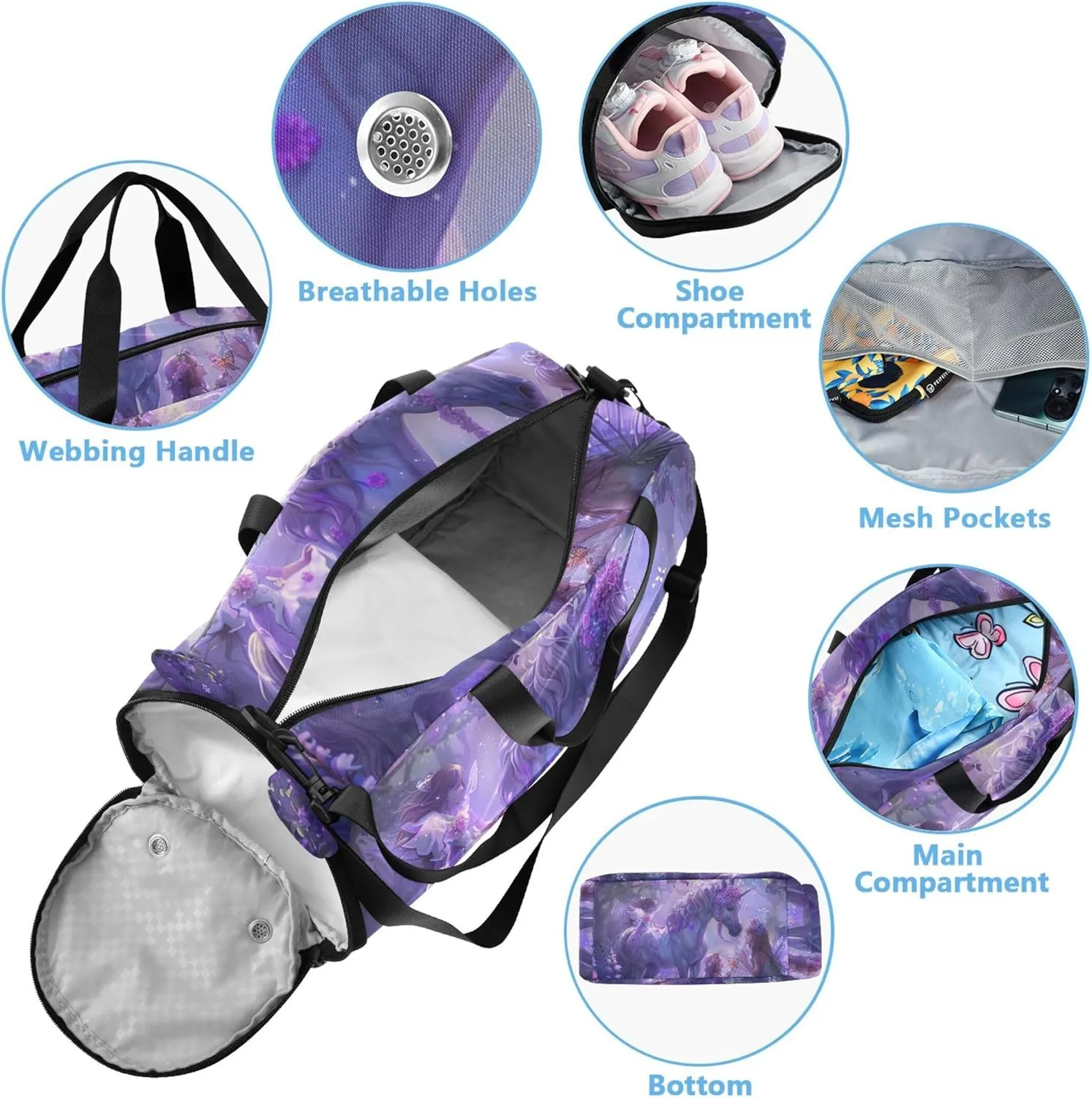 Carry on Duffel Bag Boy Overnight Bags Toddler Purple Unicorns Girls Tote Duffle Bags Travel Shoe Compartment