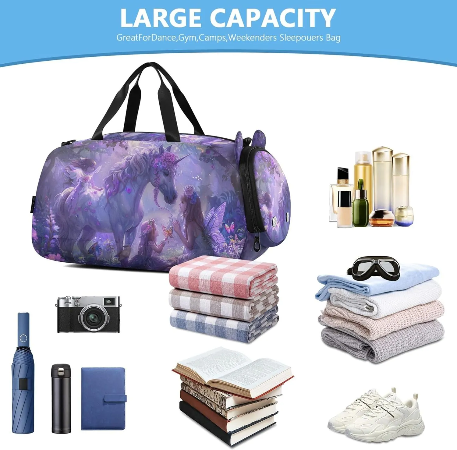Carry on Duffel Bag Boy Overnight Bags Toddler Purple Unicorns Girls Tote Duffle Bags Travel Shoe Compartment
