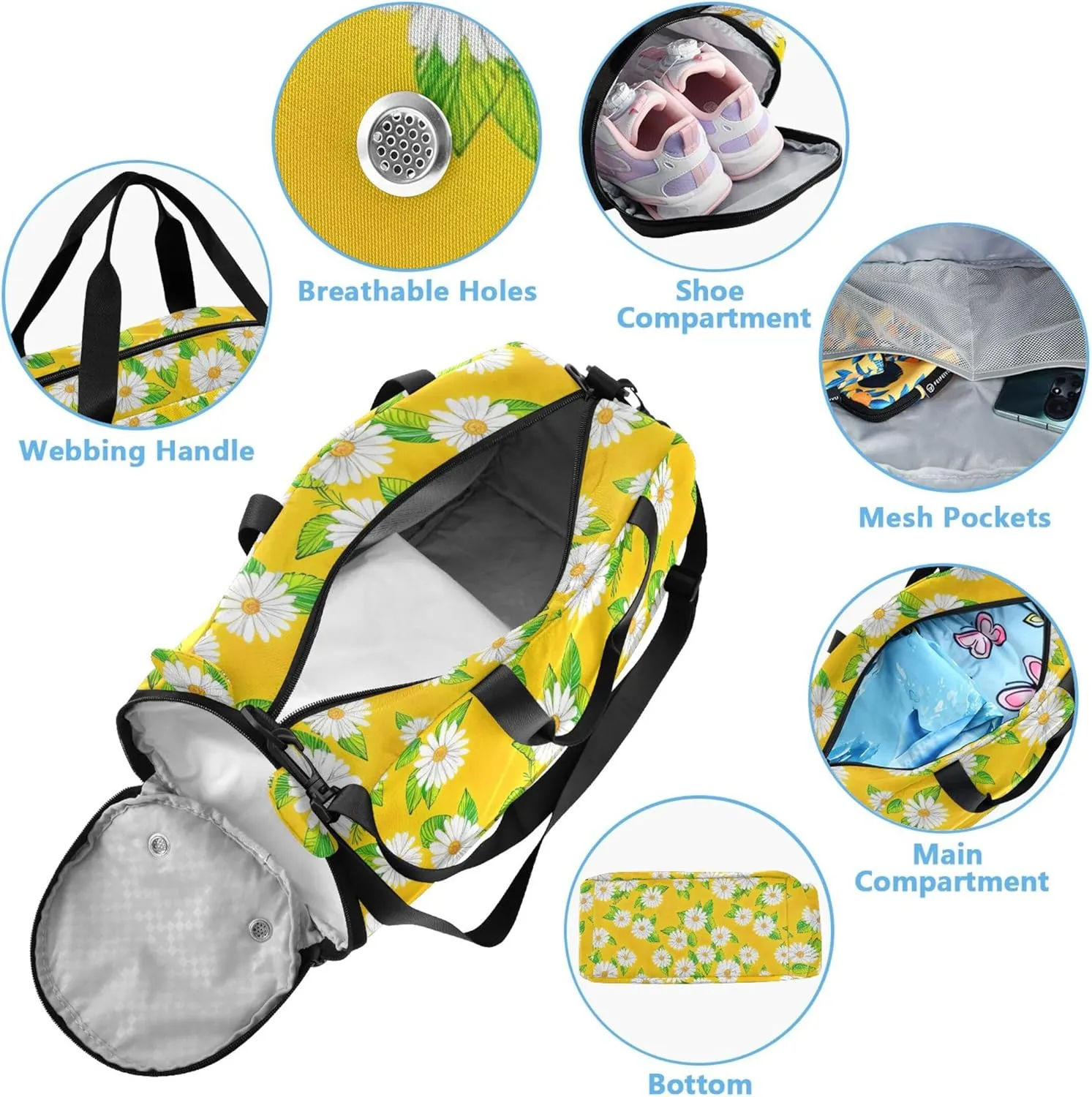 Carry on Duffel Bag Boy Weekender Overnight White Daisies Yellow Girls Duffle Bags for Travel Kids Dance Duffle