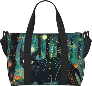 Carry On Duffle Bags Overnight Weekender Bags for Women, Mystical Black Cat Fireflies Personal Item Travel Bag, Travel Essentials Sport Gym Bag for Men Women