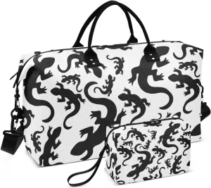 Cartoon Animals Lizard Black Duffel Bag for Gym Yoga Weekender Overnight Quilting Travel Bag Set
