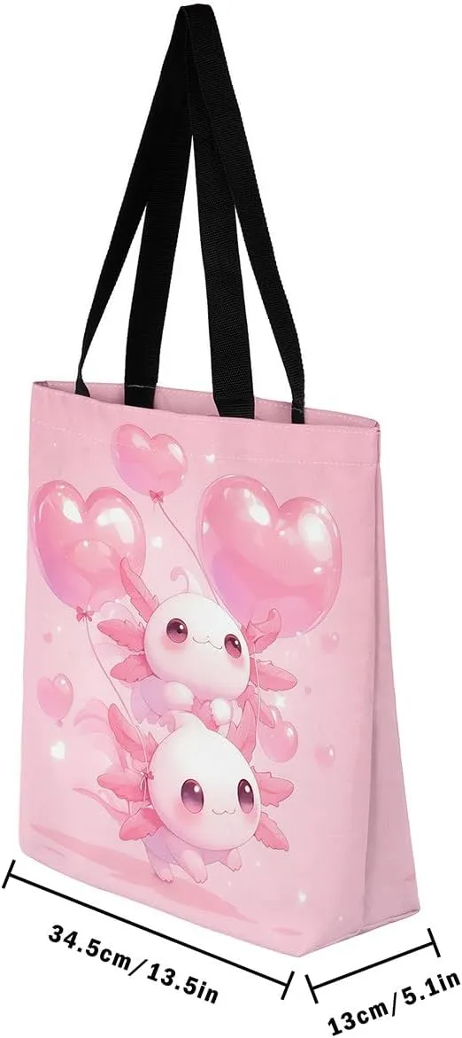Cartoon Axolotl Canvas Tote Bag,Dreamy Underwater World Travel Bag for Adults,Shopping Grocery Bags