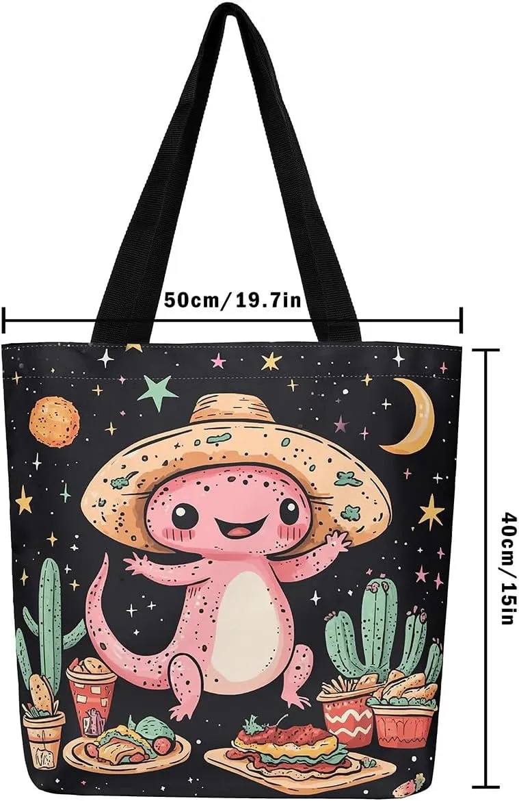Cartoon Axolotl Canvas Tote Bag,Dreamy Underwater World Travel Bag for Adults,Shopping Grocery Bags