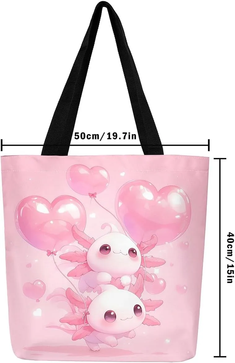 Cartoon Axolotl Canvas Tote Bag,Dreamy Underwater World Travel Bag for Adults,Shopping Grocery Bags
