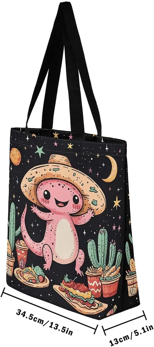 Cartoon Axolotl Canvas Tote Bag,Dreamy Underwater World Travel Bag for Adults,Shopping Grocery Bags