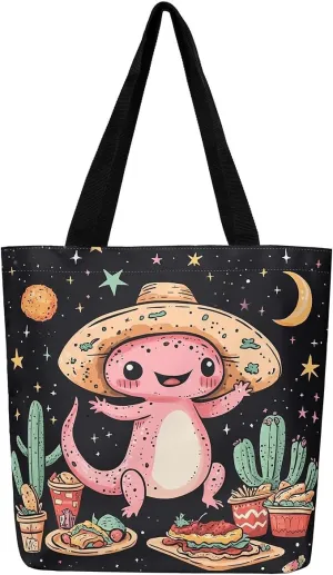 Cartoon Axolotl Canvas Tote Bag,Dreamy Underwater World Travel Bag for Adults,Shopping Grocery Bags