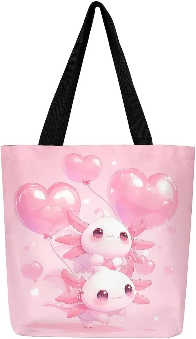 Cartoon Axolotl Canvas Tote Bag,Dreamy Underwater World Travel Bag for Adults,Shopping Grocery Bags