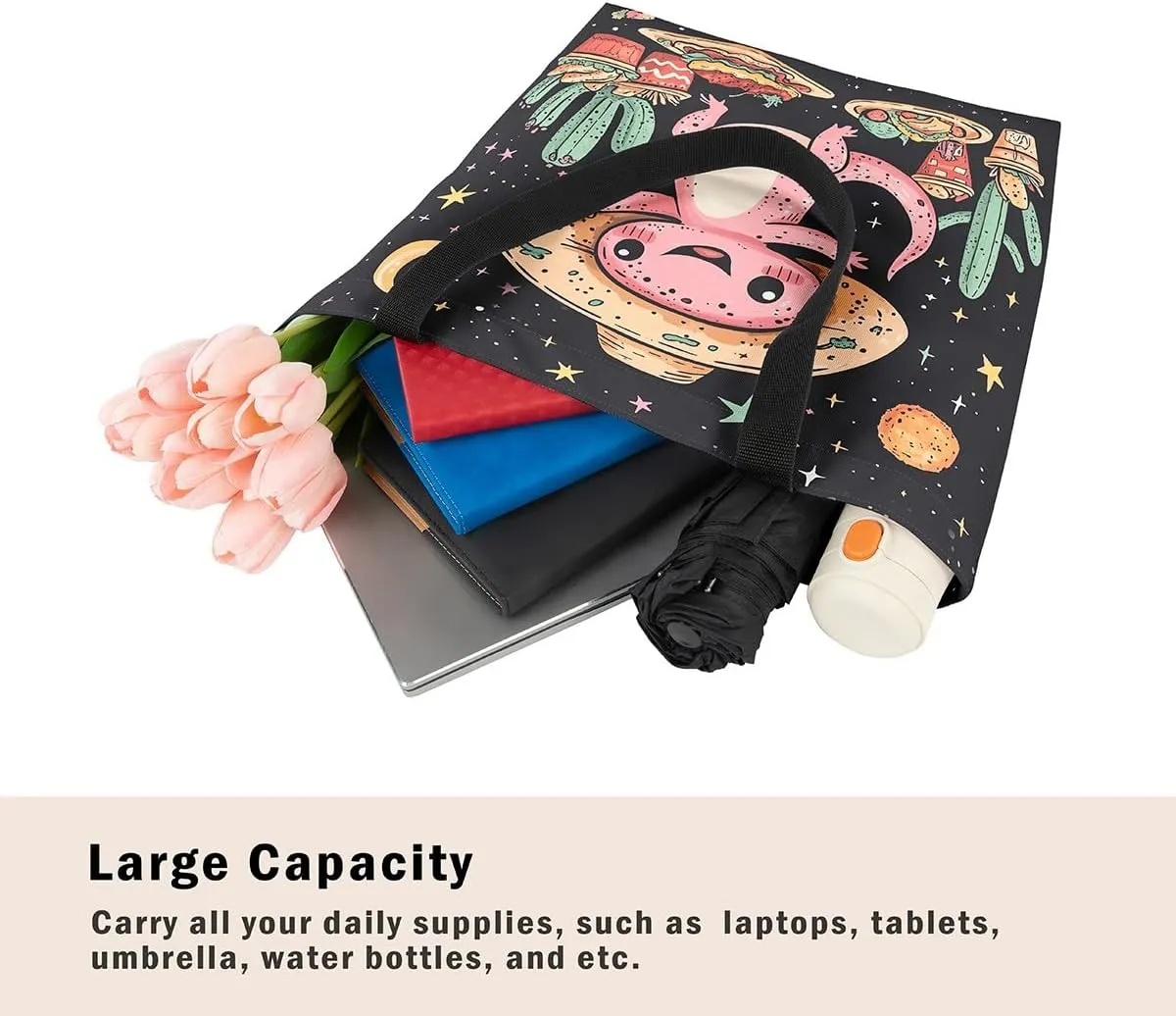 Cartoon Axolotl Canvas Tote Bag,Dreamy Underwater World Travel Bag for Adults,Shopping Grocery Bags