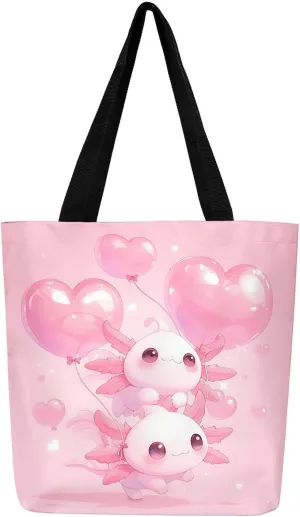 Cartoon Axolotl Canvas Tote Bag,Dreamy Underwater World Travel Bag for Adults,Shopping Grocery Bags