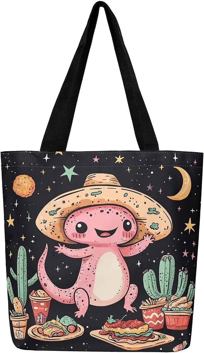 Cartoon Axolotl Canvas Tote Bag,Dreamy Underwater World Travel Bag for Adults,Shopping Grocery Bags