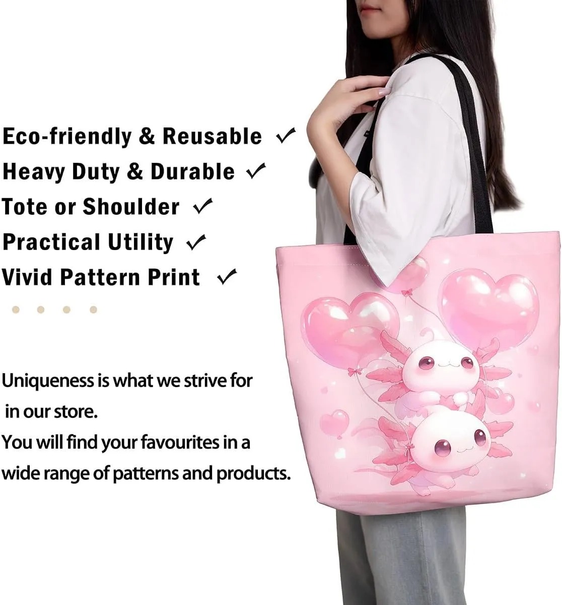 Cartoon Axolotl Canvas Tote Bag,Dreamy Underwater World Travel Bag for Adults,Shopping Grocery Bags