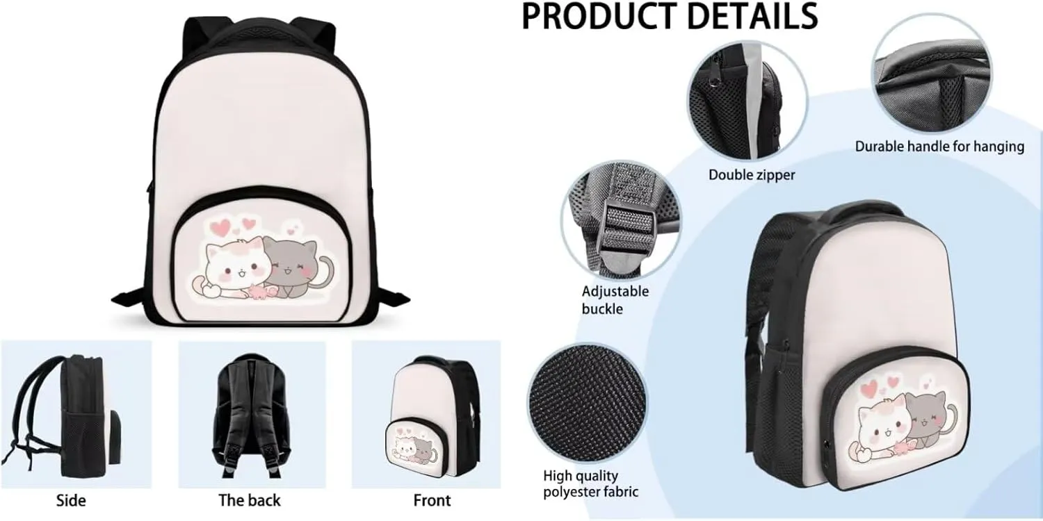 Cartoon Cat School Backpack Lunch Box Set Water Repellent Casual Kids Backpack Zip Daypack Lightweight Bookbags for Kids Duffel Bag to Store Pens, Crayon Box, Snacks and Toys