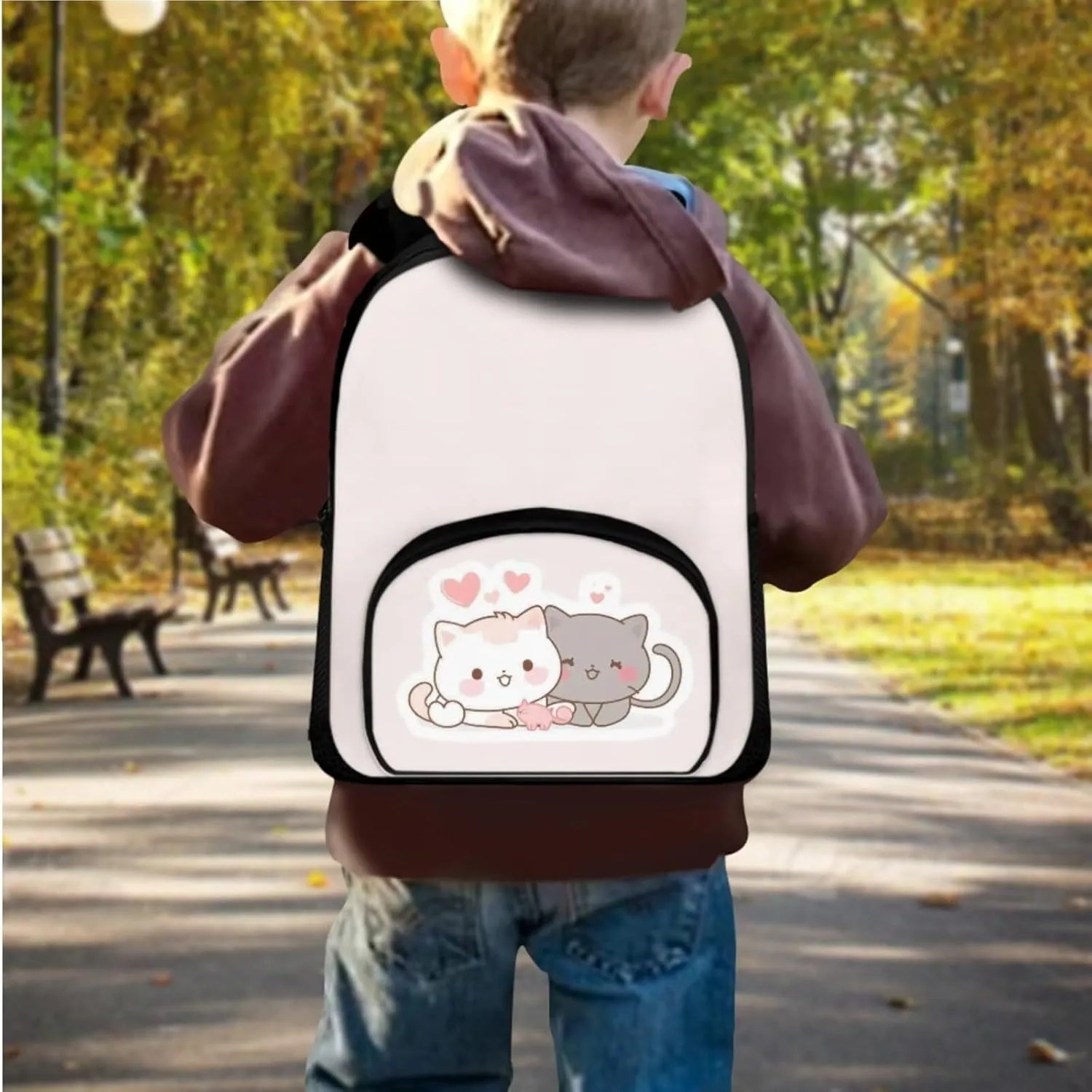 Cartoon Cat School Backpack Lunch Box Set Water Repellent Casual Kids Backpack Zip Daypack Lightweight Bookbags for Kids Duffel Bag to Store Pens, Crayon Box, Snacks and Toys