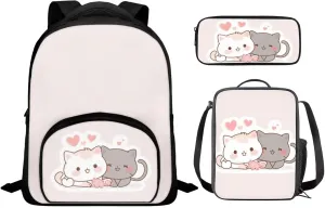 Cartoon Cat School Backpack Lunch Box Set Water Repellent Casual Kids Backpack Zip Daypack Lightweight Bookbags for Kids Duffel Bag to Store Pens, Crayon Box, Snacks and Toys