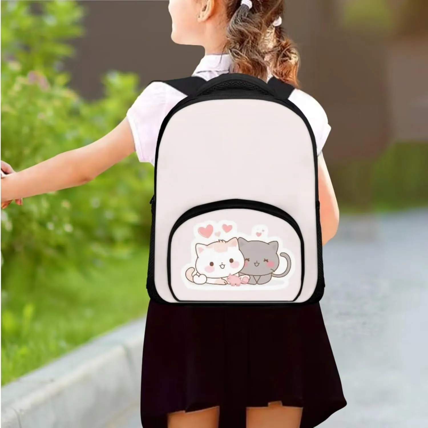 Cartoon Cat School Backpack Lunch Box Set Water Repellent Casual Kids Backpack Zip Daypack Lightweight Bookbags for Kids Duffel Bag to Store Pens, Crayon Box, Snacks and Toys
