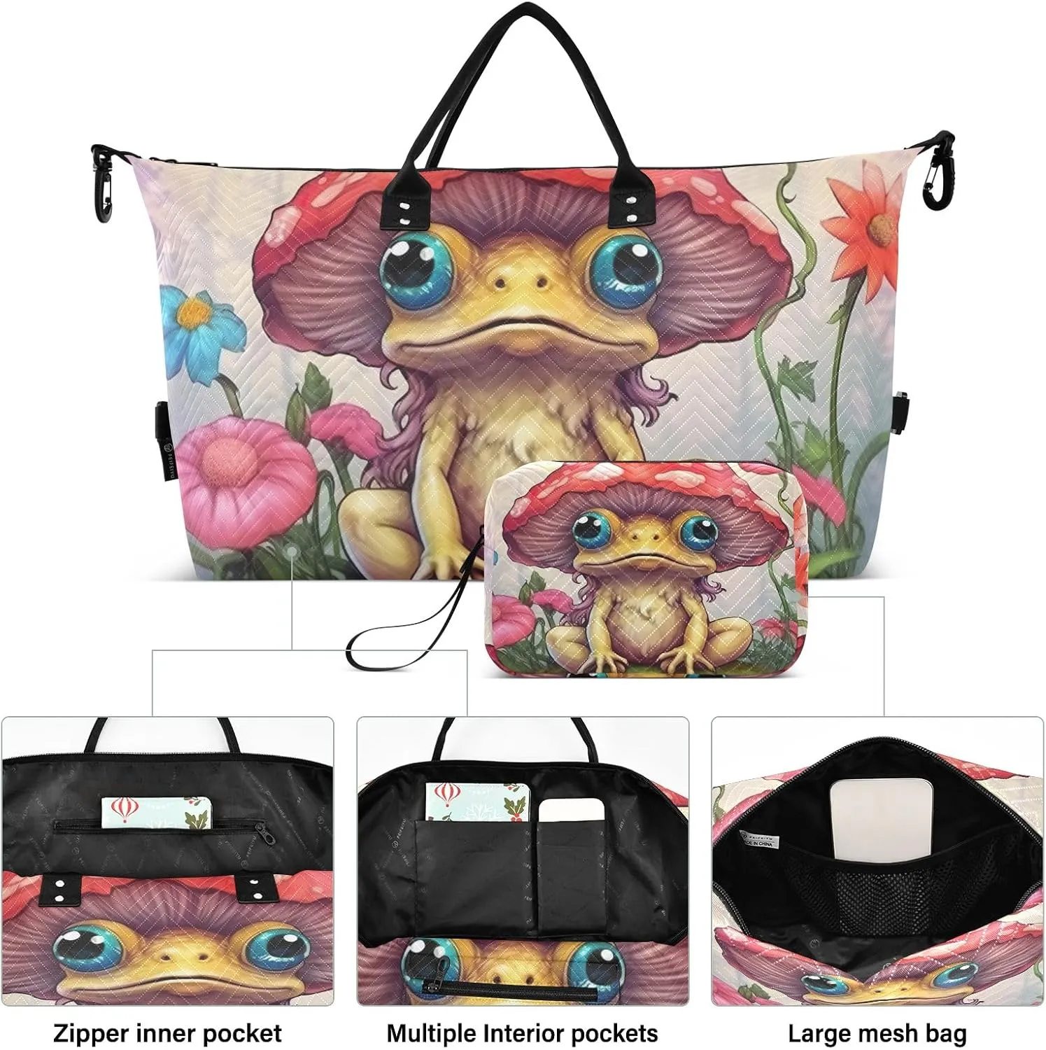 Cartoon Frog Mushroom Womens Duffle Bag Travel Tote Bags for Women Sports Duffle Bag for Men Small Weekender Bags for Women