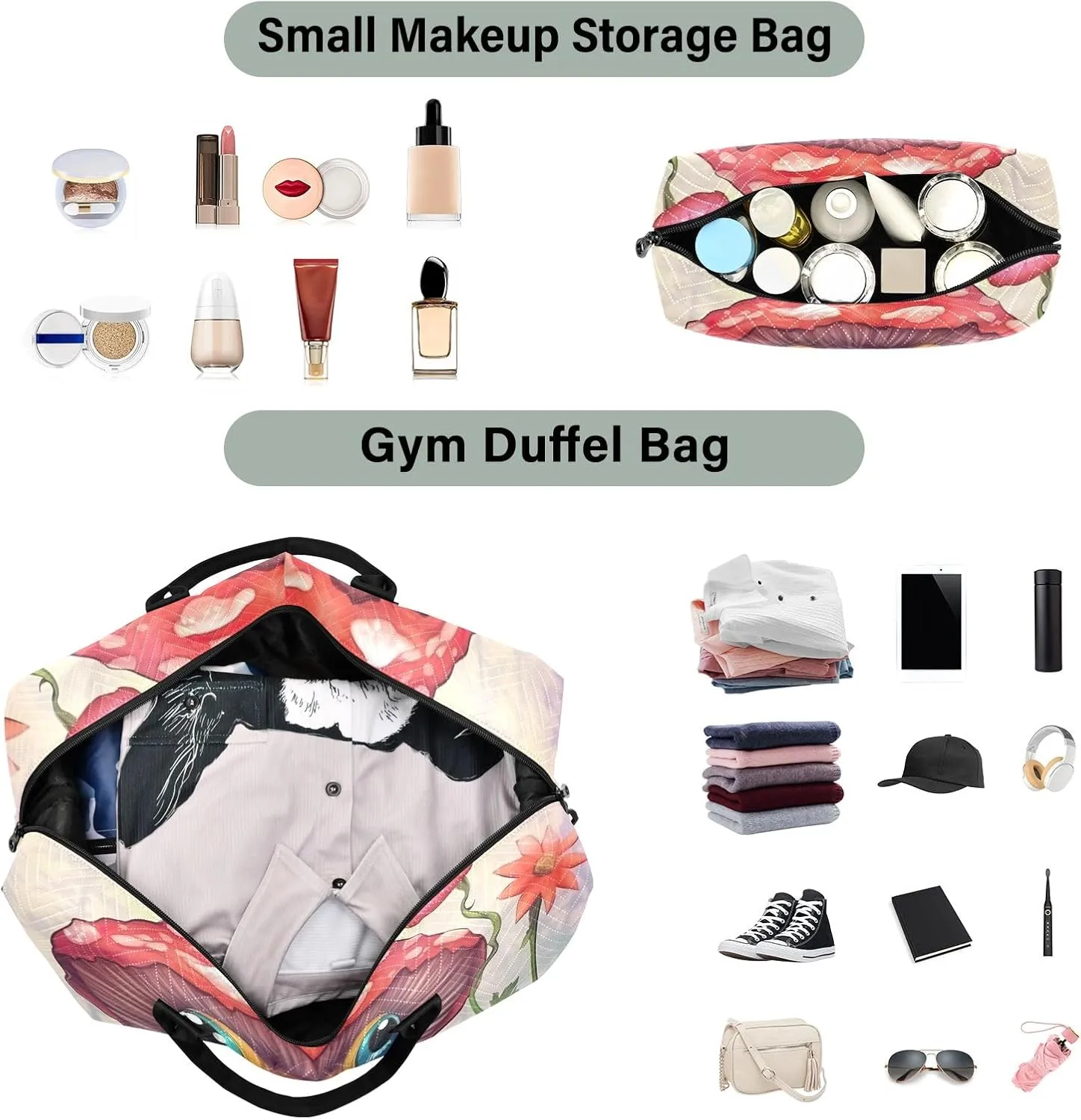 Cartoon Frog Mushroom Womens Duffle Bag Travel Tote Bags for Women Sports Duffle Bag for Men Small Weekender Bags for Women