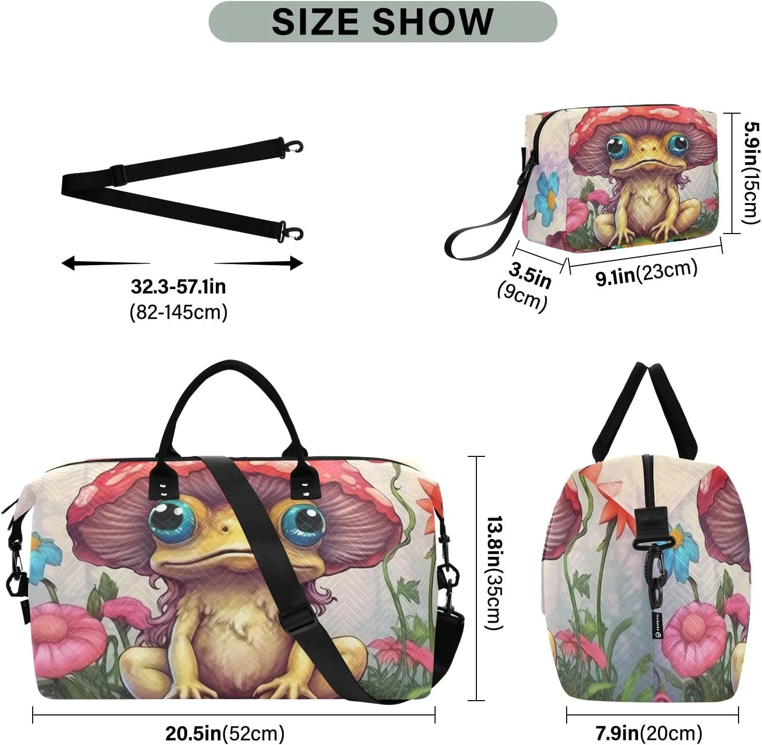 Cartoon Frog Mushroom Womens Duffle Bag Travel Tote Bags for Women Sports Duffle Bag for Men Small Weekender Bags for Women