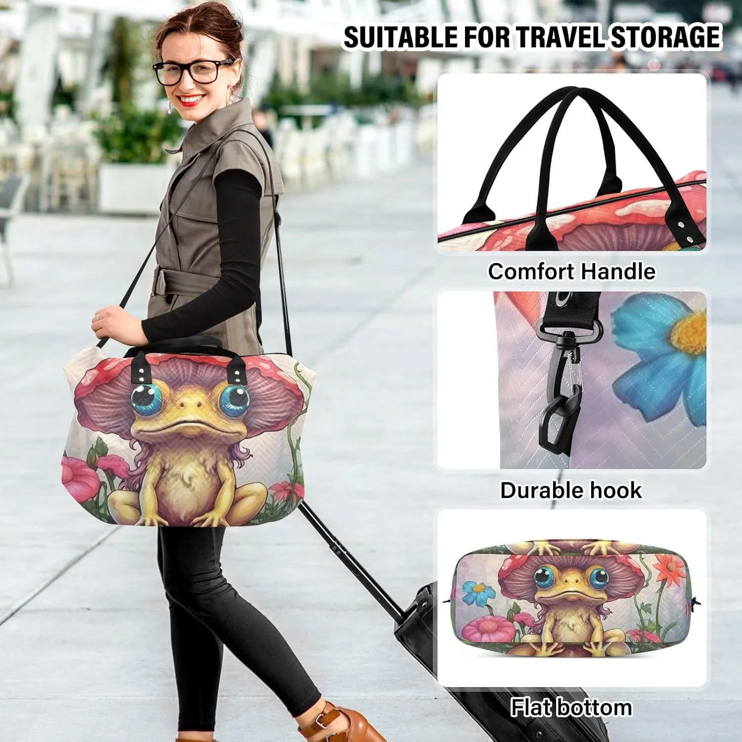 Cartoon Frog Mushroom Womens Duffle Bag Travel Tote Bags for Women Sports Duffle Bag for Men Small Weekender Bags for Women