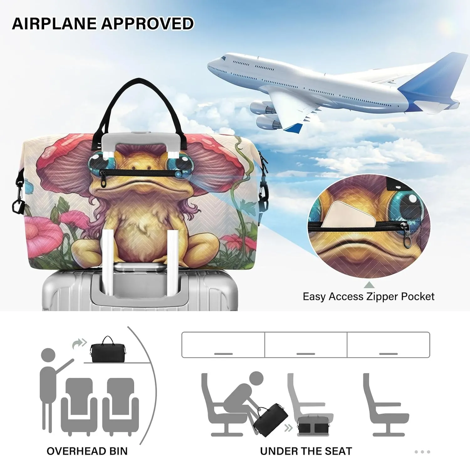 Cartoon Frog Mushroom Womens Duffle Bag Travel Tote Bags for Women Sports Duffle Bag for Men Small Weekender Bags for Women