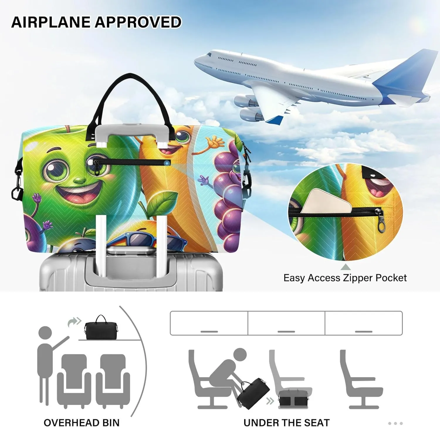 Cartoon Fruits Funny Duffle Bag Women Travel Toiletry Bags Set of 2, Cartoon Gym Bags Tote Carry on Bags for Airplanes