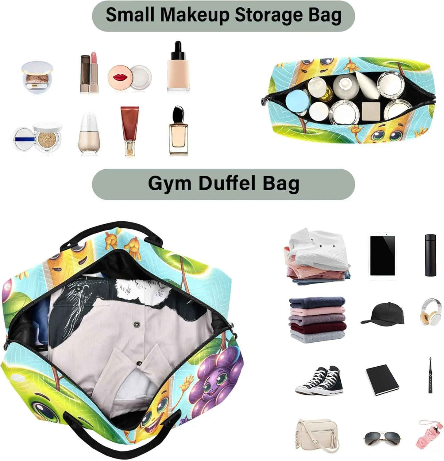Cartoon Fruits Funny Duffle Bag Women Travel Toiletry Bags Set of 2, Cartoon Gym Bags Tote Carry on Bags for Airplanes