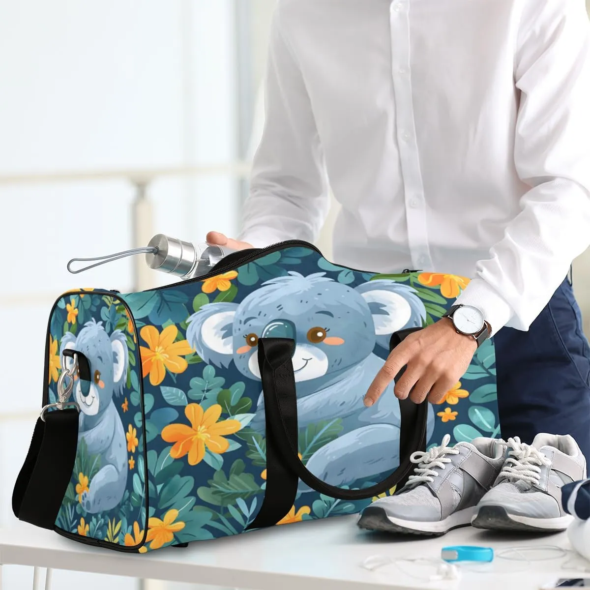 Cartoon Koala Travel Duffle Bag, Sports Gym Bags for Women Men, Carry On Weekender Overnight Workout Airplane Trips Bag
