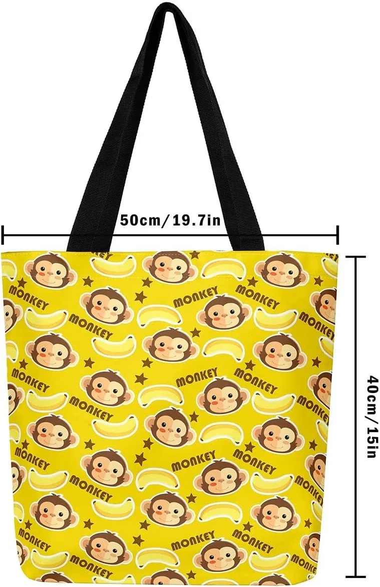 Cartoon Monkey Reusable Grocery Handbag,Cute Banana Print Canvas Tote Bag