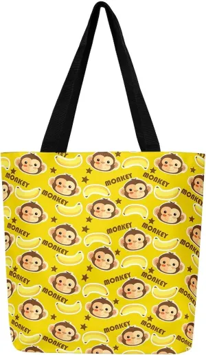 Cartoon Monkey Reusable Grocery Handbag,Cute Banana Print Canvas Tote Bag